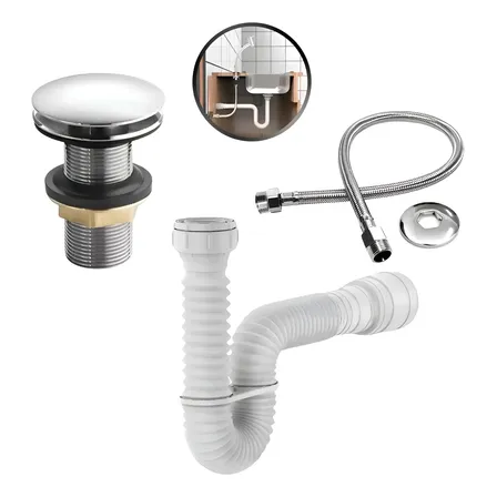 Válvula Click + Engate + Sifão Sanfonado Branco Pia Banheiro Cromado/branco