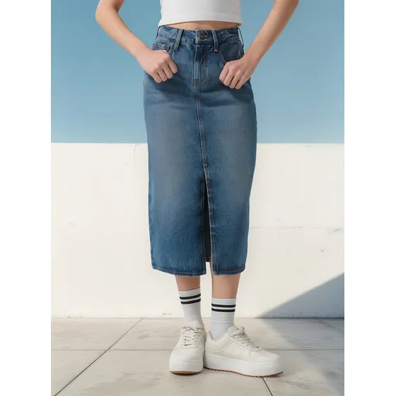 Falda Larga Azul Clara En Jean Con Abertur 8 M 2/25 Koaj