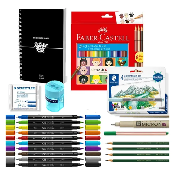 Kit Desenho Pintura Iniciante 51 Peças Caneta Brush + Lapis