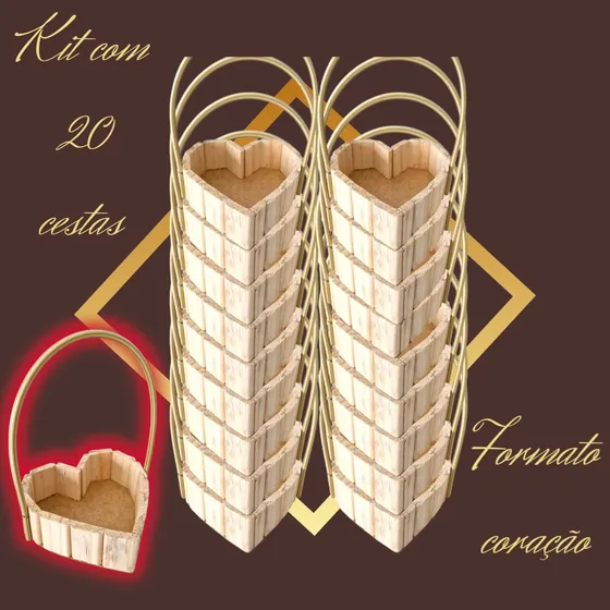 Kit Cesta De Madeira Formato Coração 20 Unidades