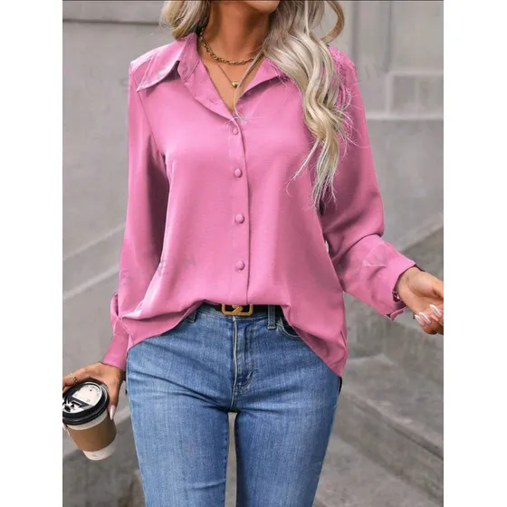 Shein, Camisa Manga Larga, Rosa, Lisa De Botones.