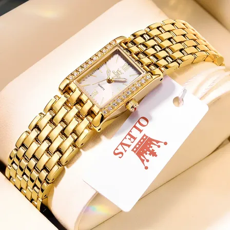 Olevs Relógio Feminino Quadrado Dourado Aço Quartz Luxo 3700 Dourado Branco