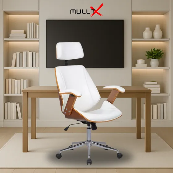 Cadeira De Escritório Executiva Presidente Super Luxo Cor Branco Giratória Ergonômica Com Em Madeira Amadeirada Couro Branca Ajustável Marca MULLTX Couro Sintético