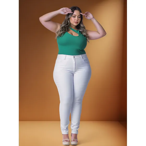 Calça Skinny Branca Jeans Plus Size Elastano Moda Premium