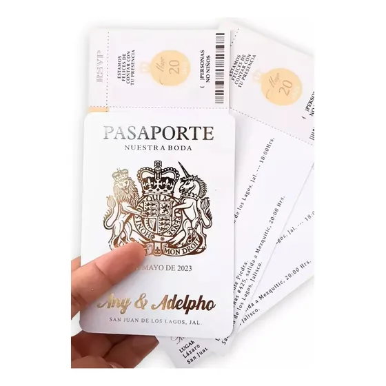 40 Invitaciones Xv Años, Boda Tipo Pasaporte Blanco/dorado