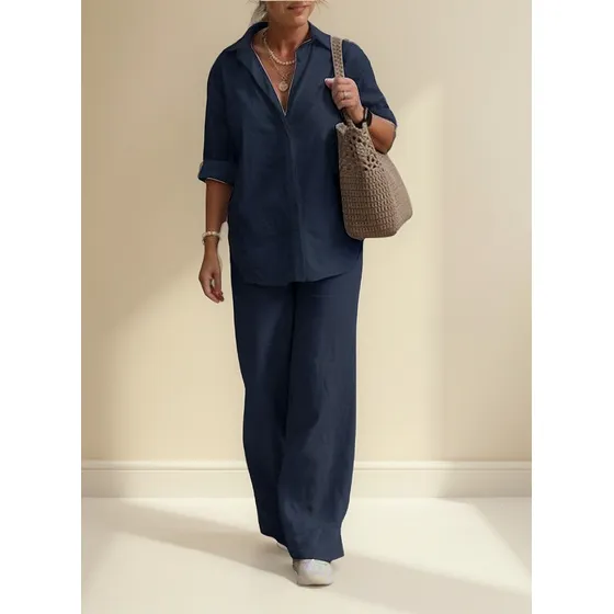 Conjunto De Blusa De Lino Holgada Bohemia Elegante E Informa