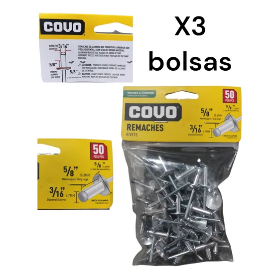 Remache Aluminio Ala Ancha 3/16 X 5/8 Pack D 50 Remache Covo