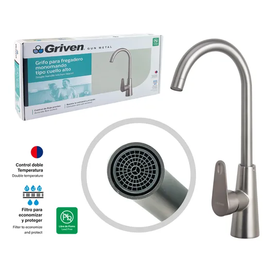 Grifo Para Fregadero Monomando Cuello Alto Cromado Griven