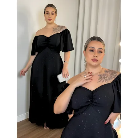 Vestido Longo Plus Size Festa Elegante Chique Brilho Premium