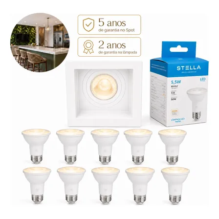 Kit 10 Spot Embutir Par 20 Recuado Quadrado E27 Stella 3000k Spot Branco Luz 3000k - Branco Quente
