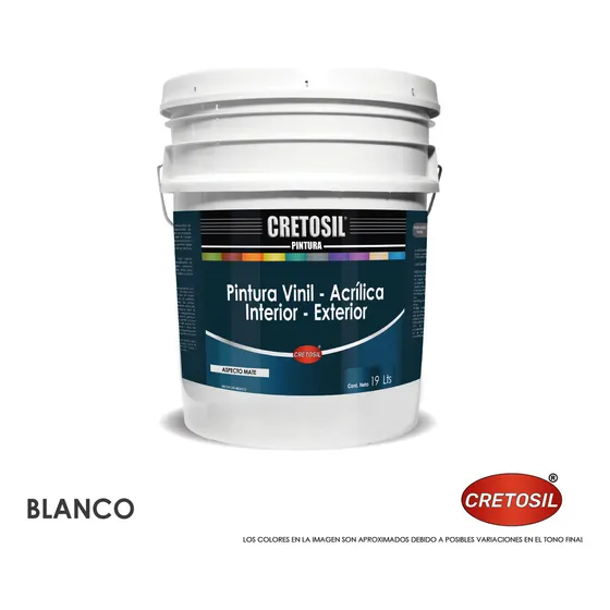 Cretosil Pintura Vinílica - Acrílica Para Interior Y Exterior. 100% Lavable. Blanco - 19 Lts. Aspecto Mate. Apto Para Paredes, Cemento, Yeso, Concreto, Ladrillo, Techos, Madera, Aplanados Y Más