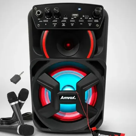 Caixa De Som Amvox Amplificada Potente Bluetooth Portátil Aca 181 Gigante 180w Preta C/ 2 Mic Com Fio Karaokê