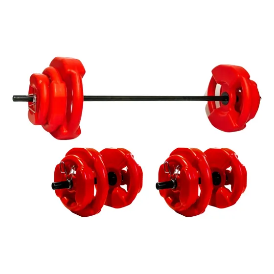 Kit 30kg Mancuernas Barra Hierro Discos Acanalados 