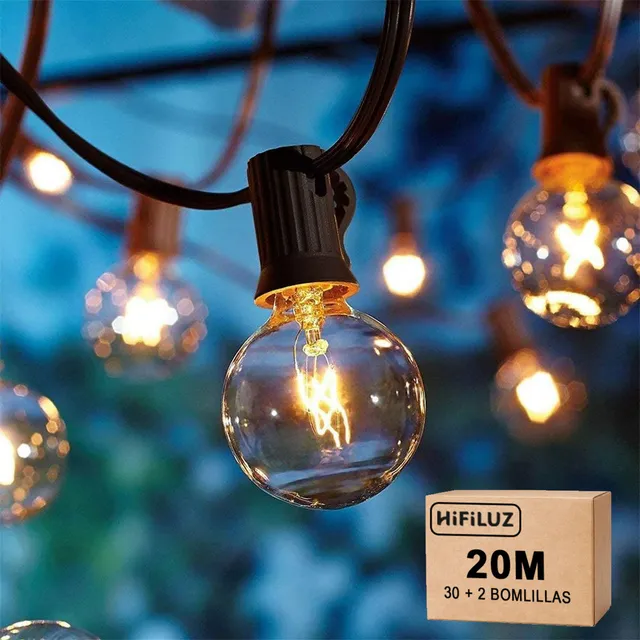 HiFiLUZ Guirnalda De Luces Exterior, 20metros 30Focos y 2 focos G40 2700K Blanco Cálido, Serie Luz Vintage Decorativas Para Iluminación De Jardin Patio Boda Hogar Navidad