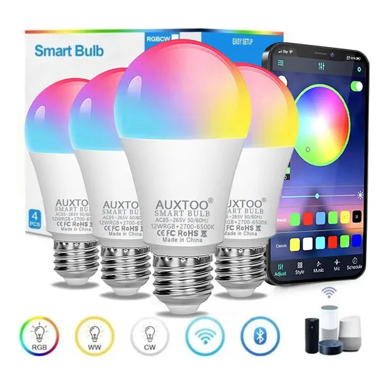 Auxtoo Foco LED Inteligente RGBW 12W E27 Control Voz Wifi Bluetooth Cozylife Alexa Pack 4
