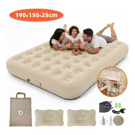 Basike Colchão Inflável Queen 190x150x25cm Com Autoinflavel Bateria Integrada Boomba Bivolt Com Máscara De Dormir Protetor Auricular Travesseiro Inflável Saco Compacto Para Camping Viagem Hóspede Bege