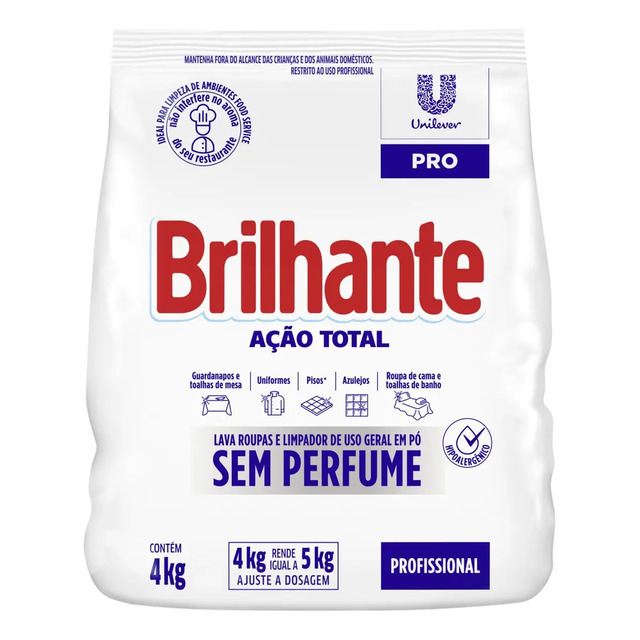 Embalagem de 4kg de Sabão em Pó Brilhante Profissional Ação Total, na cor branca com letras vermelhas e azuis, destacando ser um produto sem perfume e de uso profissional.