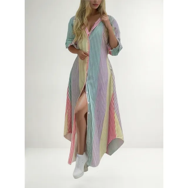 Vestido De Camisa Solta Manga Longa Com Botão E Estampa