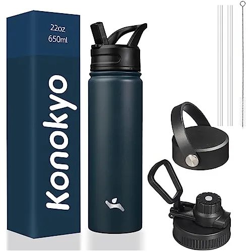 Botella De Agua Aislada Konokyo Con Paja,22oz 3 Tapas Nj1mi
