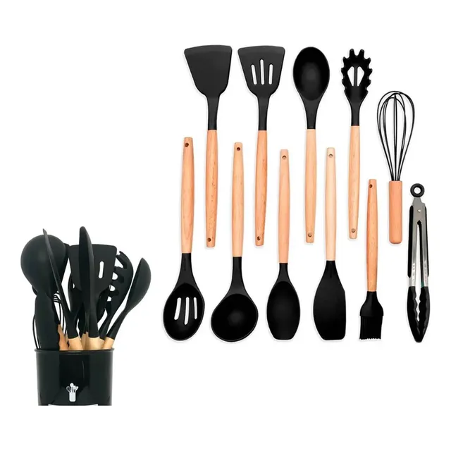 Kit 12 Utensílios Silicone Preto Com Cabo De Madeira