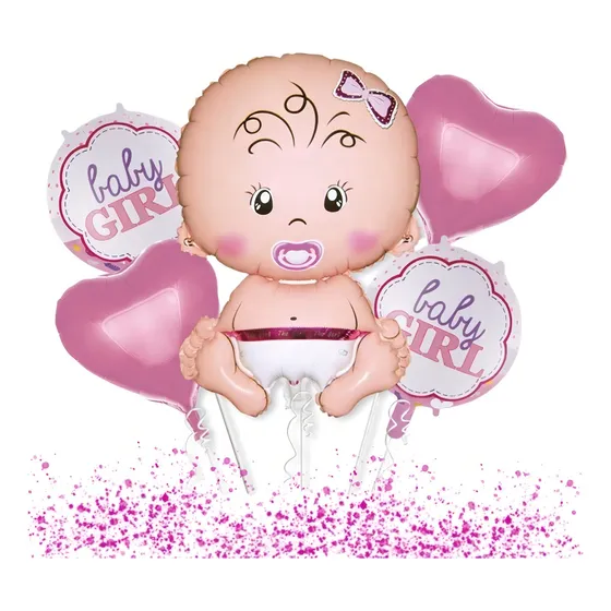 Kit 5 Balão Decoração Cha De Bebe Baby Girl Rosa