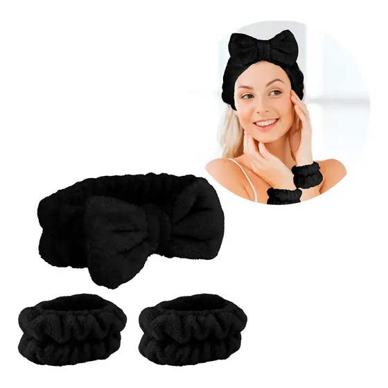 Kit Diadema Y Muñequeras Skincare Maquillaje Mascarilla Spa Color Negro Liso