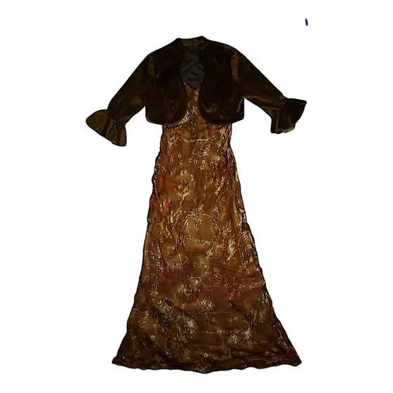 Vestido Marrón Estampado De Flores Con Chaquetilla. Talla S