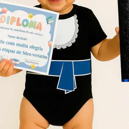 Body Bebe Formatura De Mesversário Capelo Diploma Temático Azul Tamanho 1 Para 11 Meses