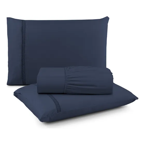Jogo Lençol King 3 Pçs Ponto Infinito Micropercal 300 Fios Cor Azul Desenho Do Tecido Liso