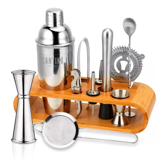 Bartender Coctelera Set Utensilios Bar Inoxidable 12 Piezas Color Bambú Natural Cantina Blue Label OVALBAR
