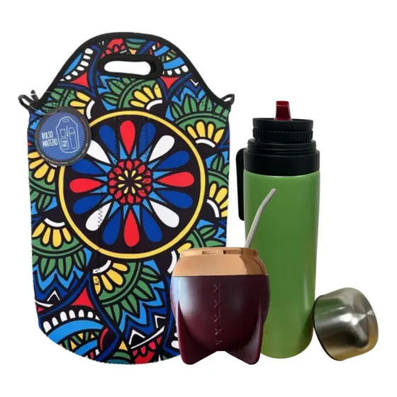 Pack Matero 4 En 1 Bolso + Termo + Mate + Bombilla Anymate Marrón-verde