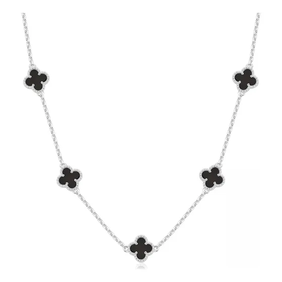 Colar De Trevos Preto Chocker Õnix Aço Inox Unissex 50cm
