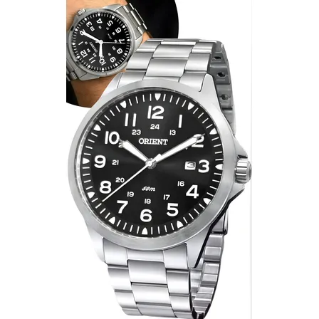 Relogio De Marca Orient Pulso Masculino Prova Dagua 50metros Correia Prateado Bisel Prateado Fundo Preto