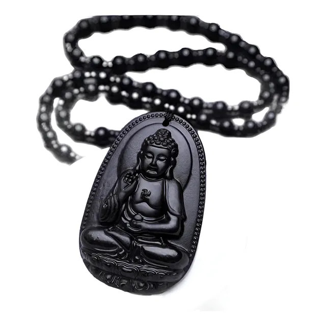 Collar En Piedra Obsidiana Buda Meditando Unisex