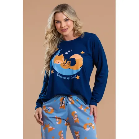 Pijama Longo Feminino Adulto Inverno Raposa Dormindo