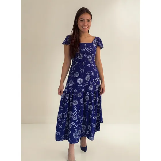 Vestido Em Duna Estampada, Saia 3 Marias, Lastex Nas Costas.