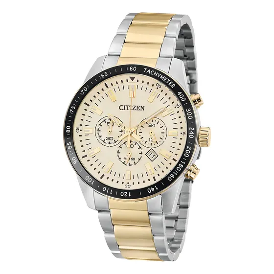 Relógio Citizen Masculino Cronógrafo Pulseira de aço prateada e dourada Tz30802e