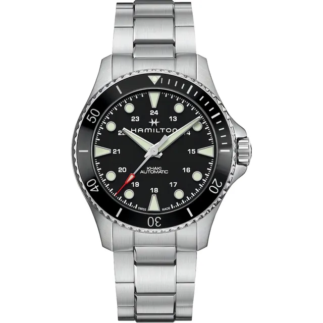 Hamilton Khaki Navy Scuba Automatico H82515130 Fotos Reales Malla Acero Cepillado Bisel Negro Fondo Negro