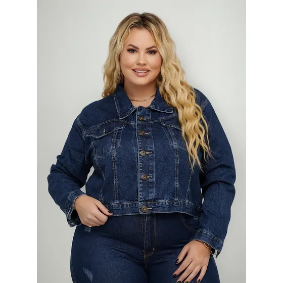 Jaqueta Jeans Cropped Plus Size Feminina Básica Premium