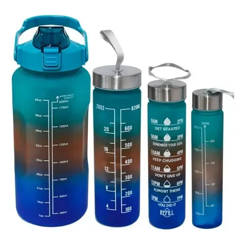 Set Termos Botella Agua Motivacional Deportivo Fitness 4 Pza