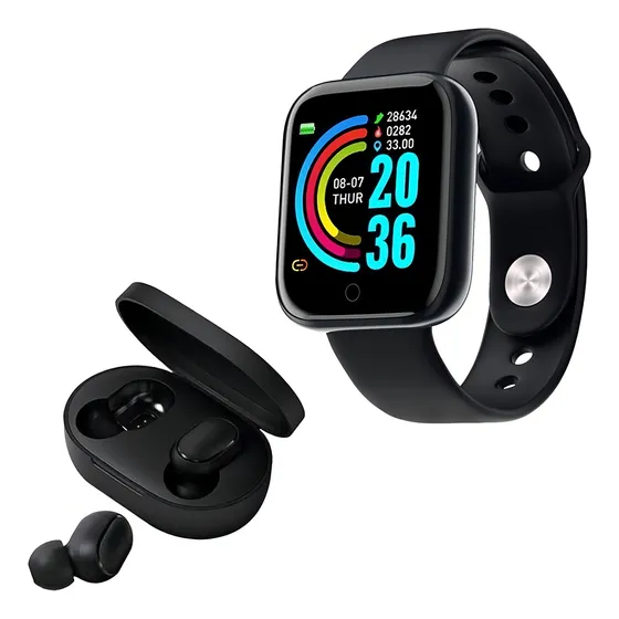 Relógio Smart Digital D20 Masculino / Feminino + Fone S/fio Caixa Colors Pulseira Preto