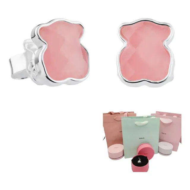 Aretes Oso Tous Con Cuarzo Rosa 925 + Kit De Regalo