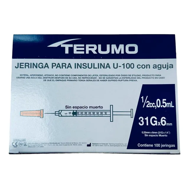 Jeringa Para Insulina Terumo 31gx6mm De 0.5ml Caja/100 Pz Capacidad En Volumen 5 Ml