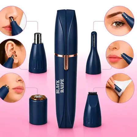 Aparador de Pelos Elétrico 4 em 1 Recarregável USB Indolor Depilador Feminino Nariz Orelha Sobrancelha Rosto Bustos Virilha Axilas Barba Cabeças Removivel Portatil Premium Azul - Black Raipe