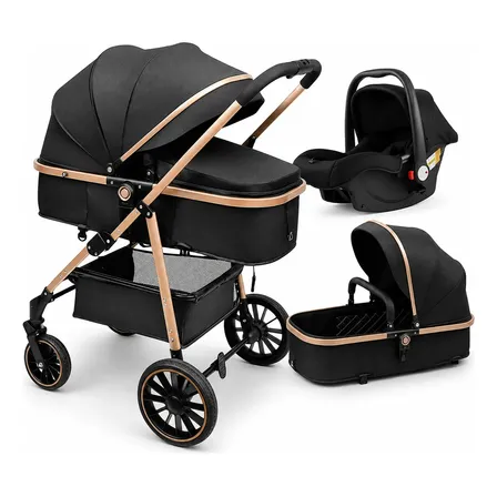 Carrinho Bebê Passeio 3 Em 1 Moisés Bebê Conforto Preto Preto Dourado