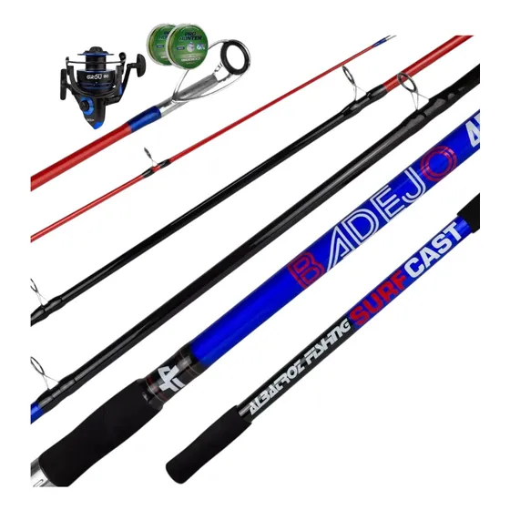 Kit Vara Pesca Praia 4,20m + Molinete Grou Aluminio + Linha
