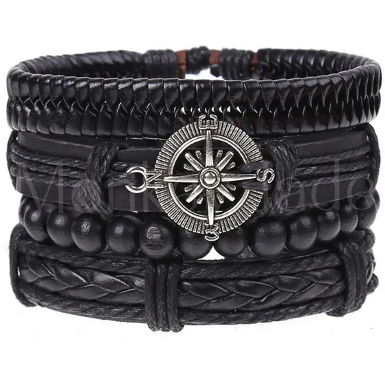 Pulsera Hombre Cuero Set 4 En 1 Brazalete Brújula 