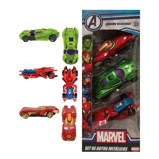 Juguete Cochecito Autito Metal X3 Spiderman Hulk Ironman Personaje Marvel