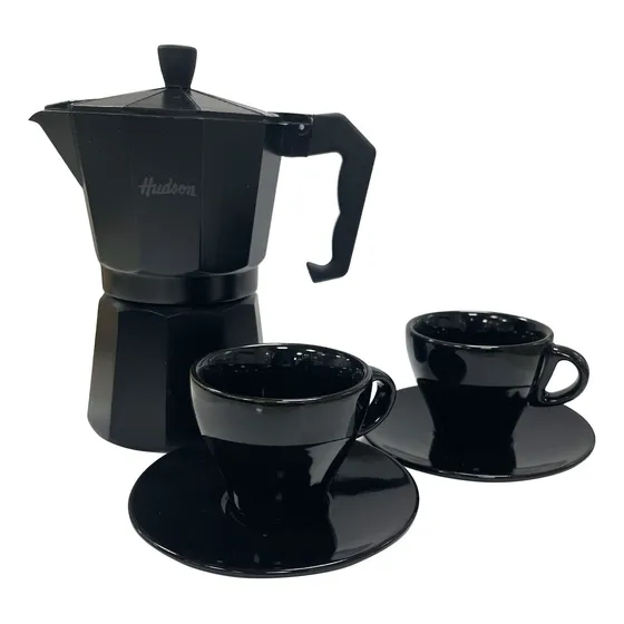 Hudson Cmcset05 Set Cafetera Italiana + 2 Platos + 2 Pocillos Cerámica Color Total Black