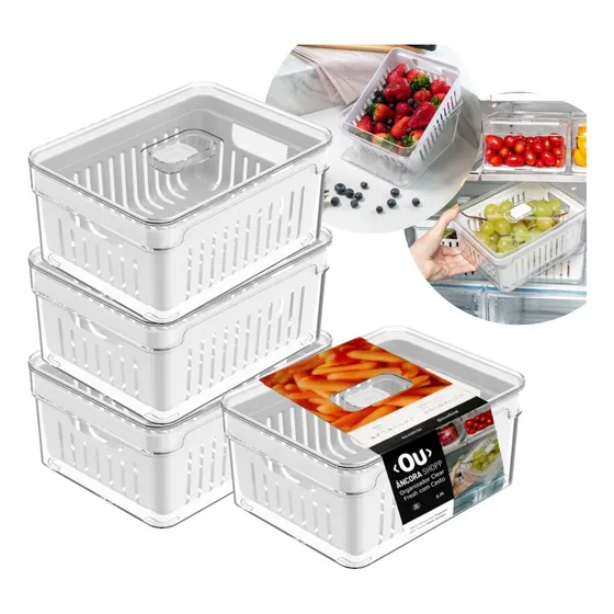 Kit 4 Organizadores Geladeira Armário Casa Cozinha Cesto Conservar Alimentos Verduras Frutas Plástico Acrílico 2.2l Clear Fresh Transparente Âncora Shopp